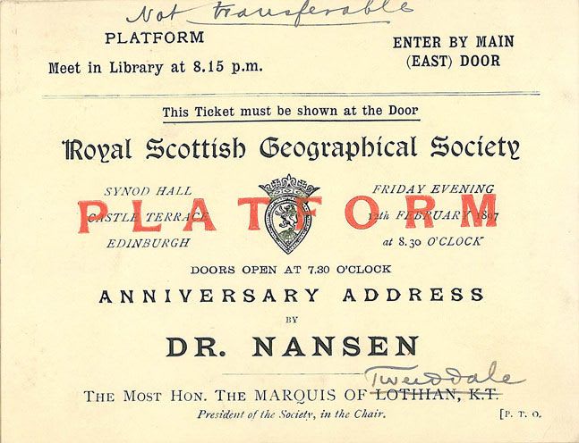 Ticket for Dr Nansen's talk in the Synod Hall, Edinburgh, 12 February 1897.